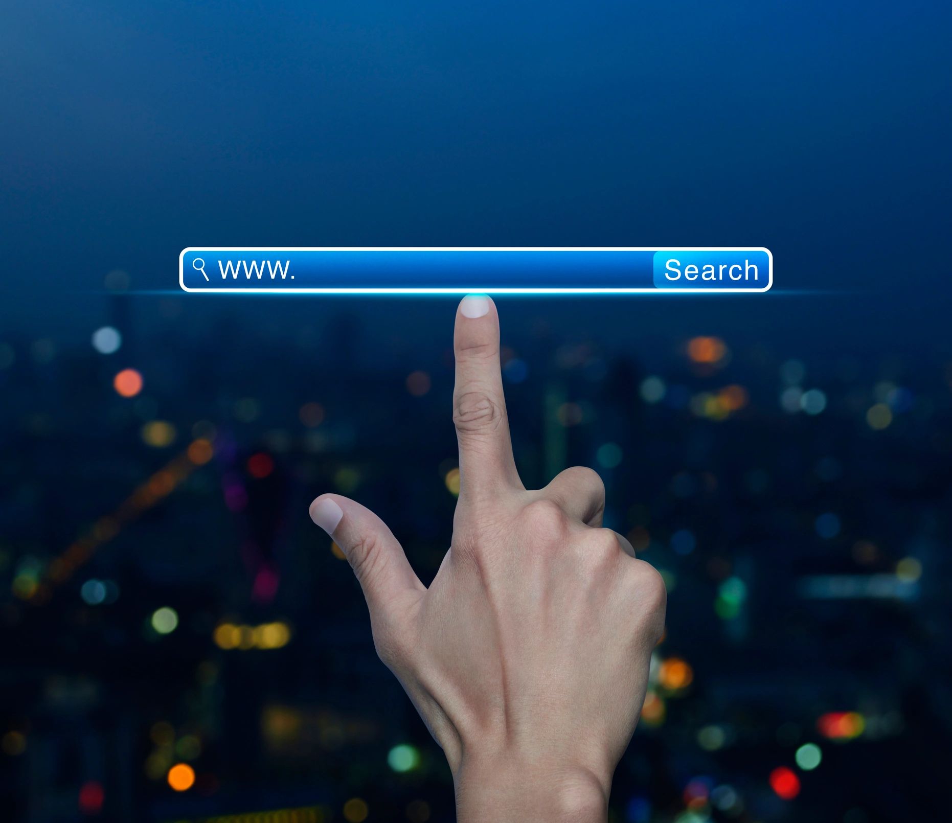 Domain search concept with modern city lights